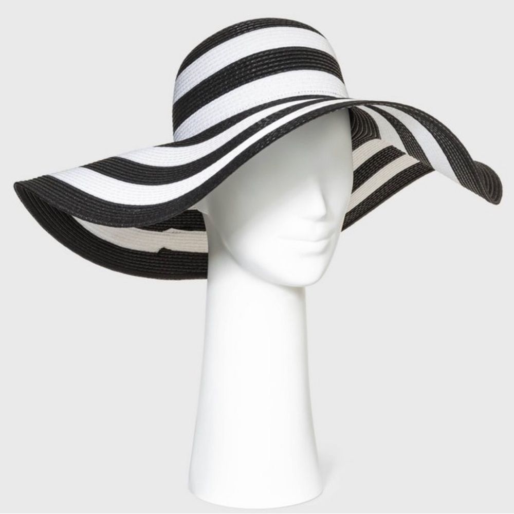 Black and White Striped Straw Floppy Hat